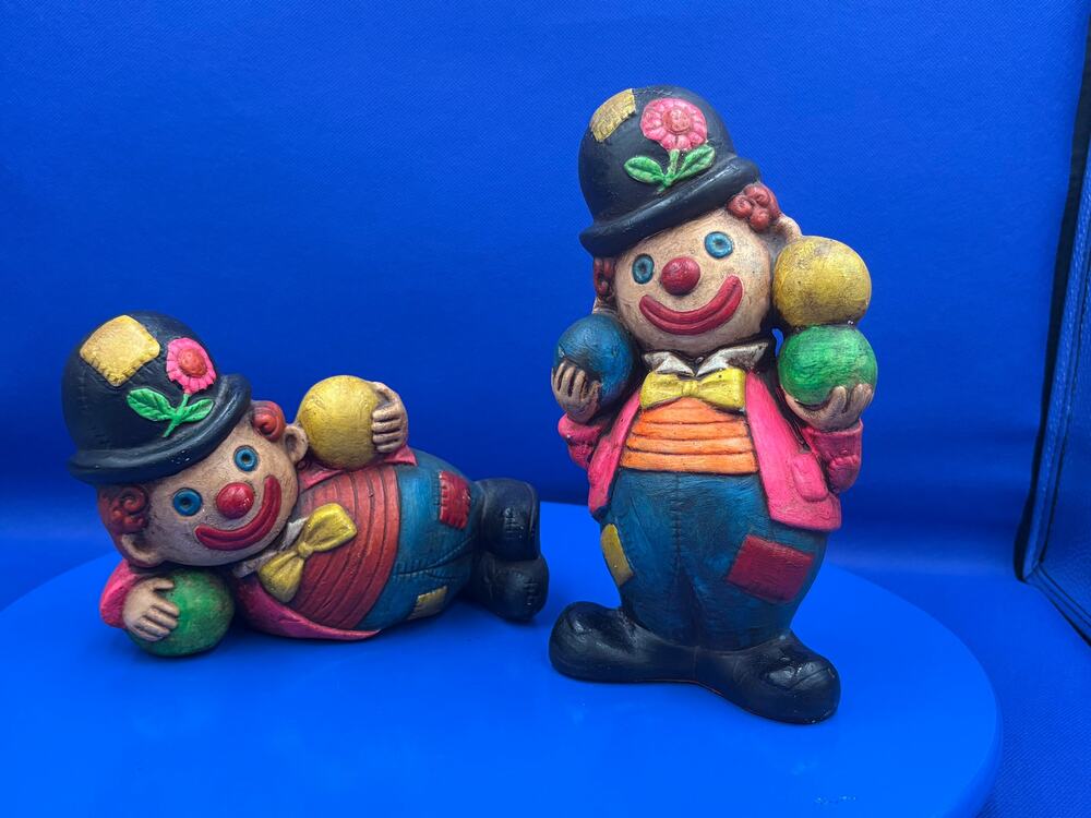 Vintage Pair of Heavy Ceramic Colorful Clown Figurines